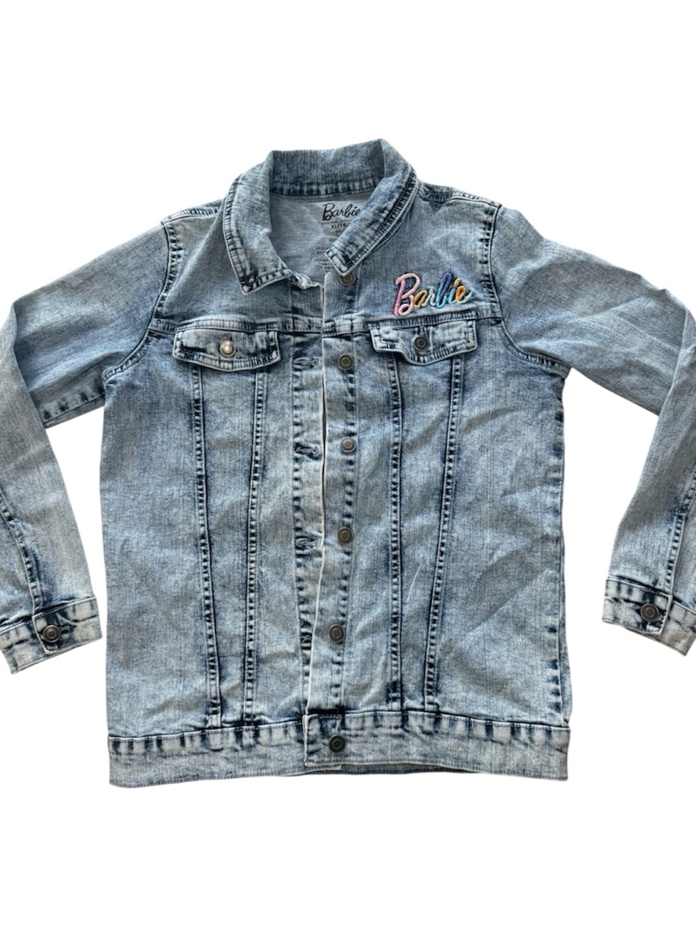 Barbie Light Wash Denim Jacket with Multi-Color Logo